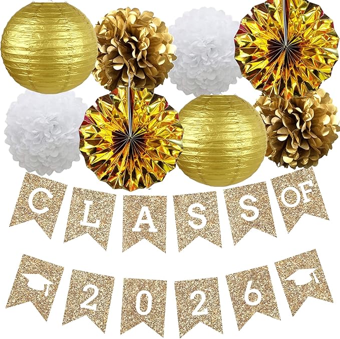 Gold Graduation Party Decoration Class Banner Hanging Pom Poms