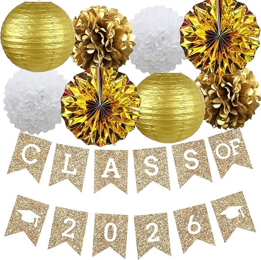 Gold Graduation Party Decoration Class Banner Hanging Pom Poms