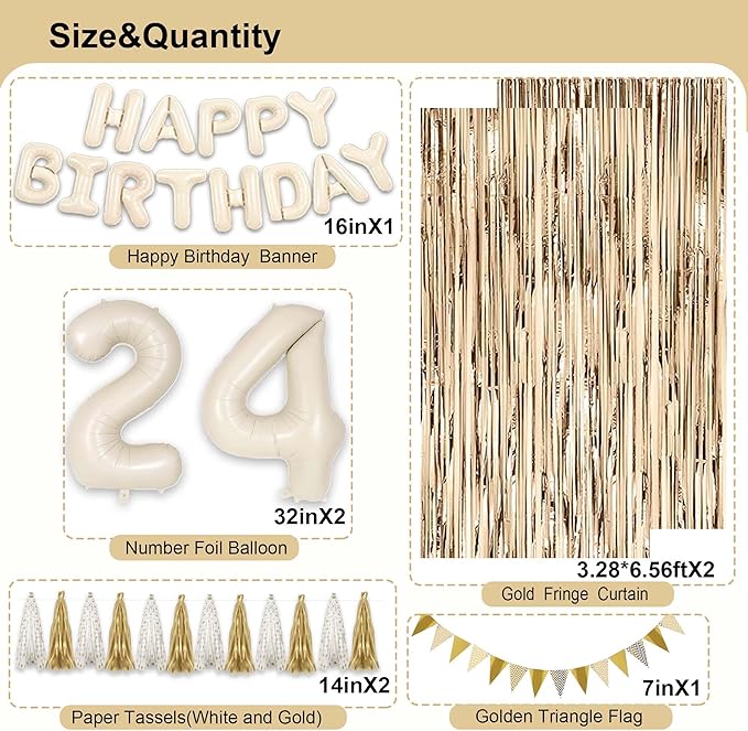24th Birthday Decorations for Women, White and Gold 24 Boho Birthday