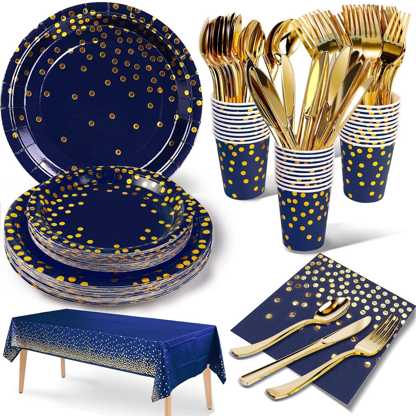 Nkaiso 141 Pieces Navy Blue Gold Party Supplies, Disposable Party