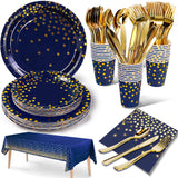 Nkaiso 141 Pieces Navy Blue Gold Party Supplies, Disposable Party