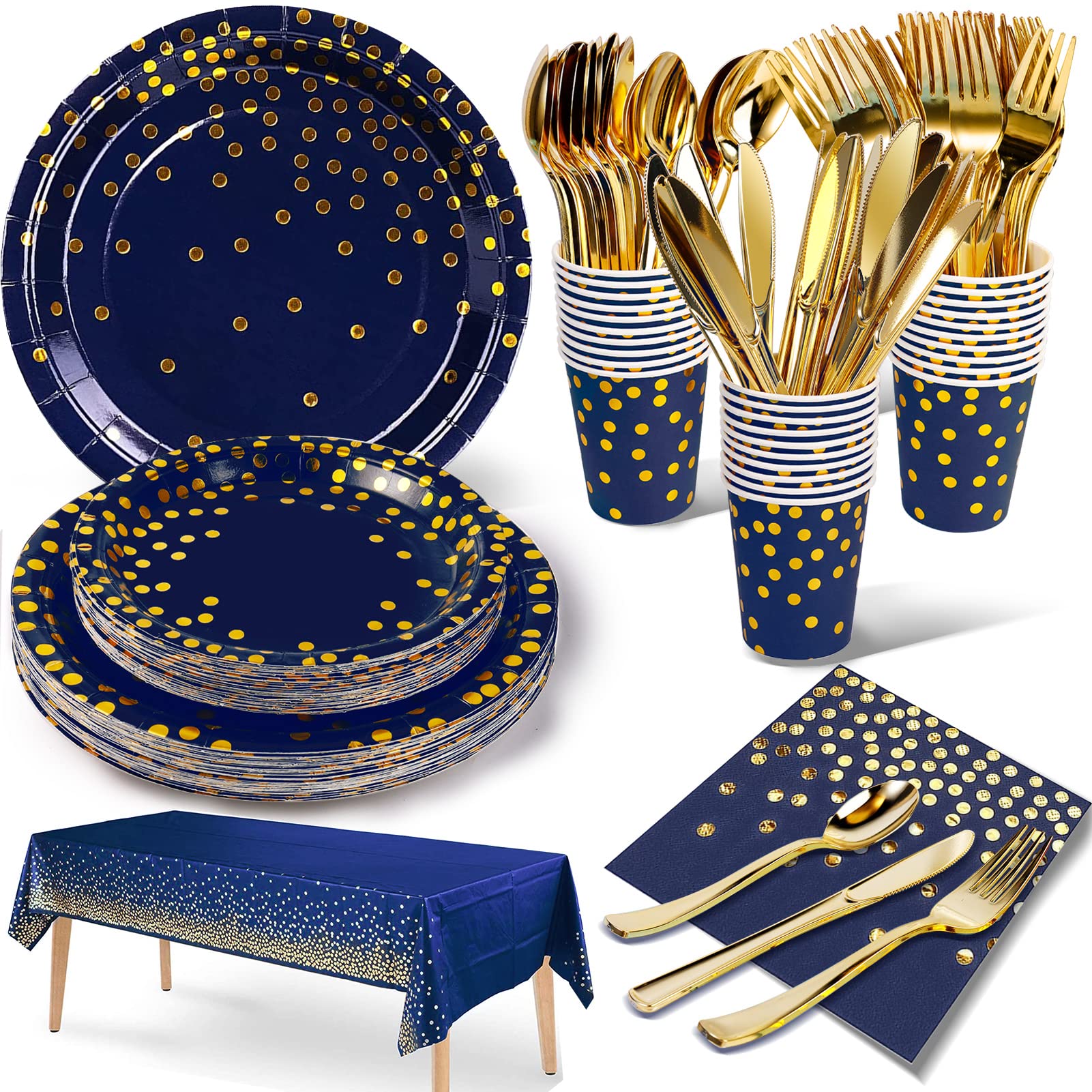 Nkaiso 141 Pieces Navy Blue Gold Party Supplies, Disposable Party