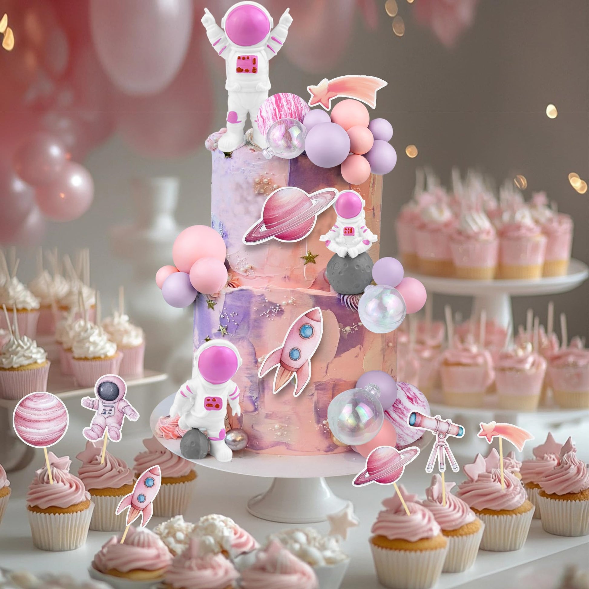 27 PCS Pink Space Cake Toppers Astronaut Figurines Outer Space