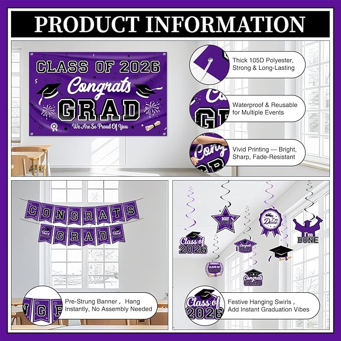 Graduation Decorations 2026 Purple Graduation Party Decor Set include