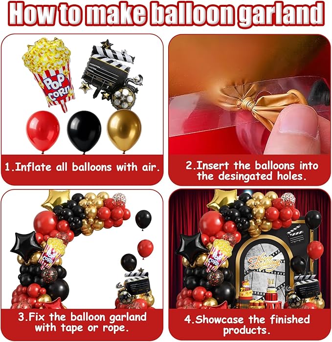 Movie Night Balloon Garland Arch Kit Red Black Gold Confetti