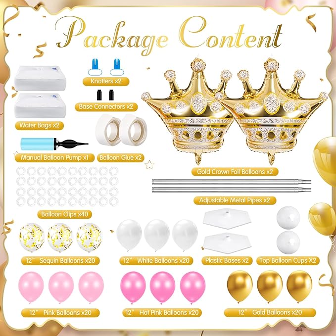 2 Sets Princess Party Balloon Column Stand Kit with 2 Crown Foil