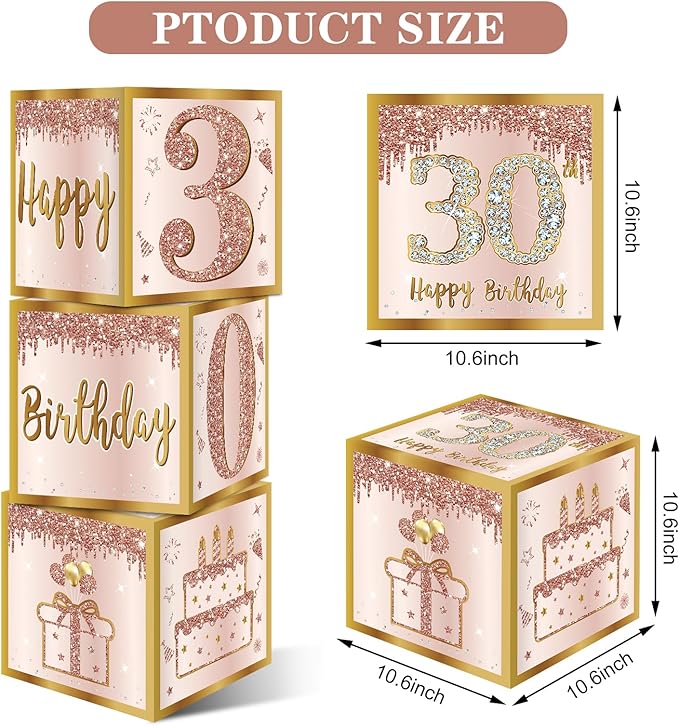 3Pcs 30th Birthday Decorations Boxes for Women Pink Rose Gold 30th