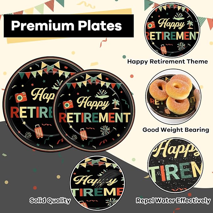 96 PCS Retirement Party Paper Plates Napkins Colorful Vintage