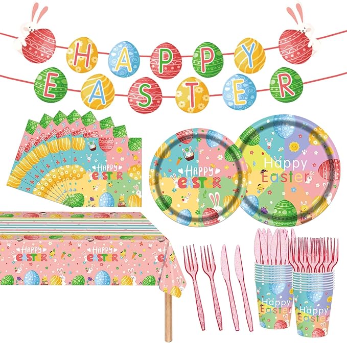 98PCS Easter Party Supplies Happy Easter Paper Plates and Napkins