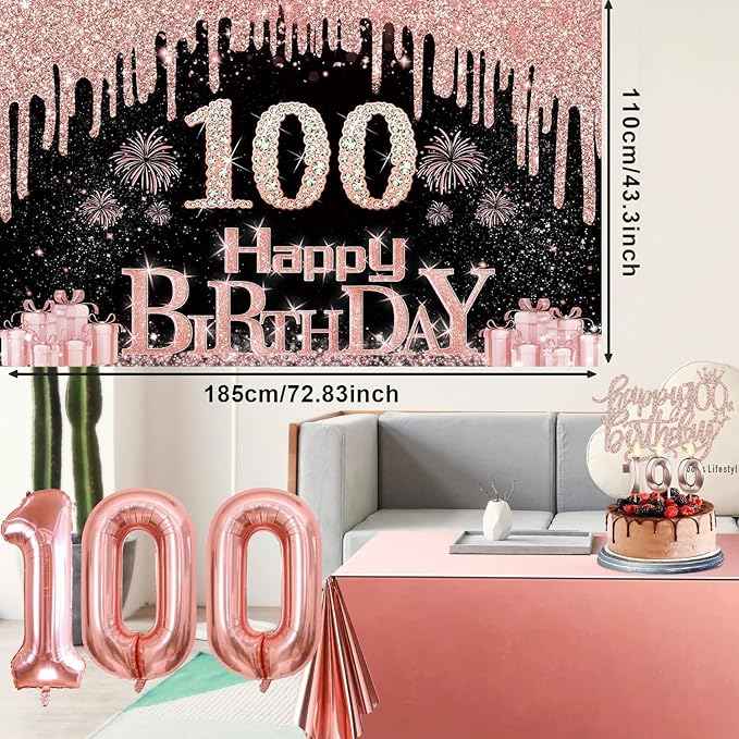 100th Birthday Decorations for Women with Banner Rose Gold