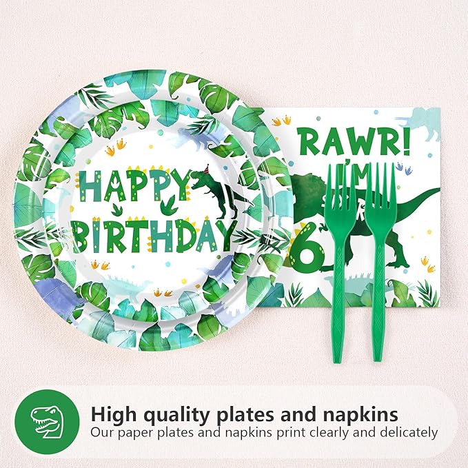 96 Pcs Dinosaur 6th Birthday Decorations Dino Plates and Napkins 6