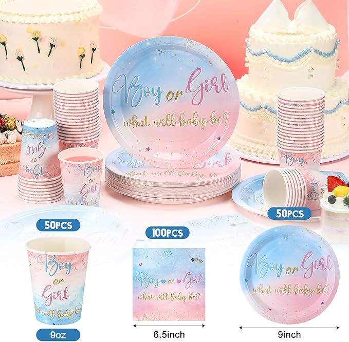 200 Pcs Gender Reveal Baby Shower Paper Plates Napkins Cups Baby