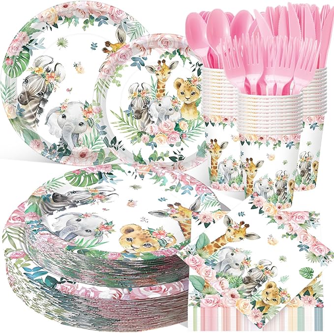 400 Pcs Safari Birthday Party Supplies Include Pink Green Jungle