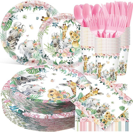 400 Pcs Safari Birthday Party Supplies Include Pink Green Jungle