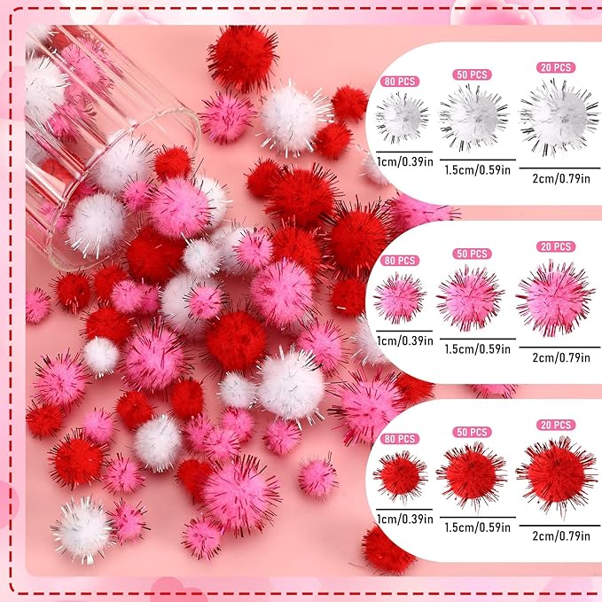 Valentine's Day Pom Poms Balls 600 Pieces Pink Red Glitter Pom Poms