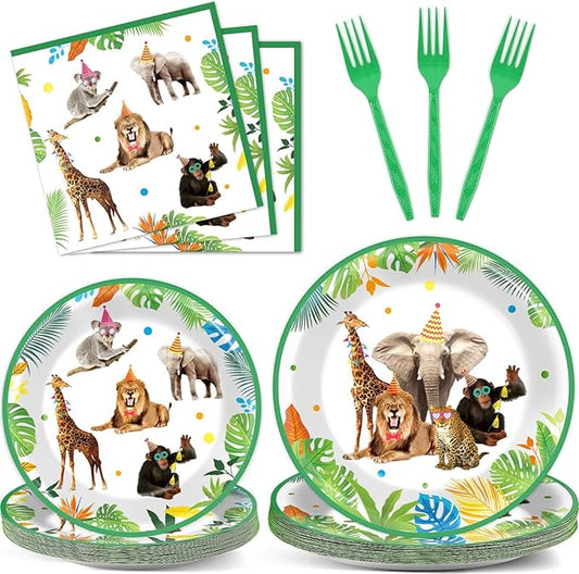 96Pcs Jungle Birthday Party Plates and Napkins Safari Animals Themed