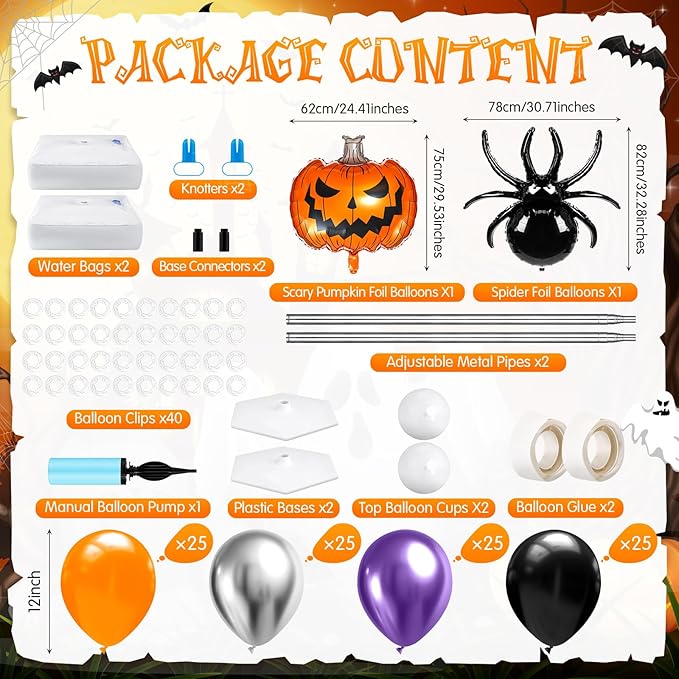 2 Sets Halloween Balloon Column Stand Kit with Scary Pumpkin Spider