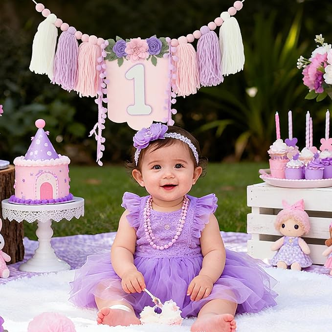 Handmade Wildflower 1st Birthday High Chair Banner Purple Pink