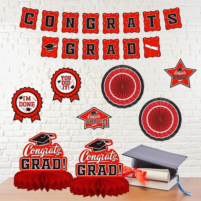 Red Themed 2026 Graduation Decorations Set Congrats Grad Banner