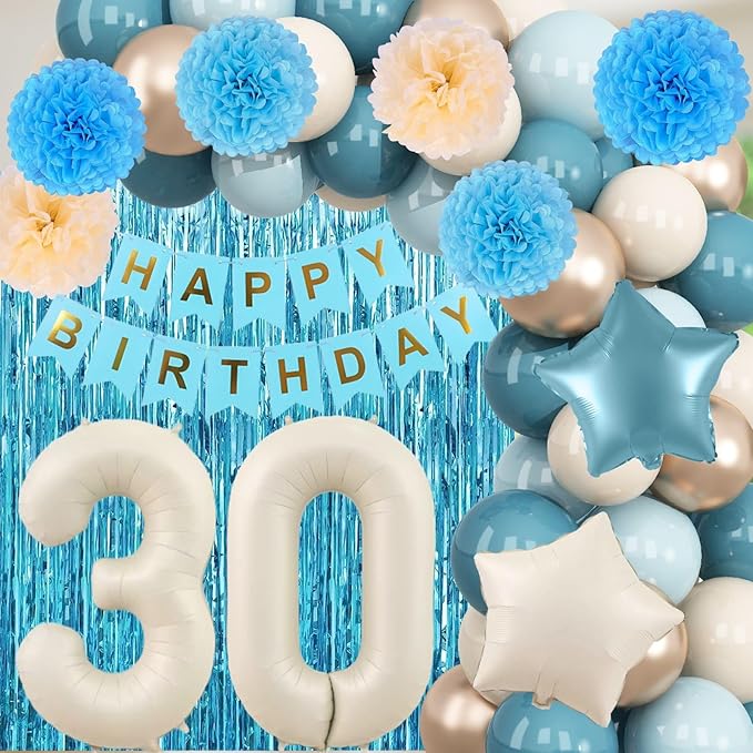 Dusty Blue 30th Birthday Party Decorations for Her Him Beige Cream