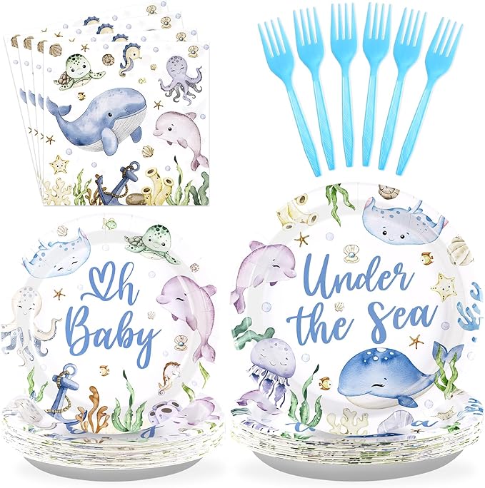 96Pcs Under The Sea Baby Shower Decorations Ocean Theme Party Plates