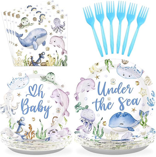 96Pcs Under The Sea Baby Shower Decorations Ocean Theme Party Plates