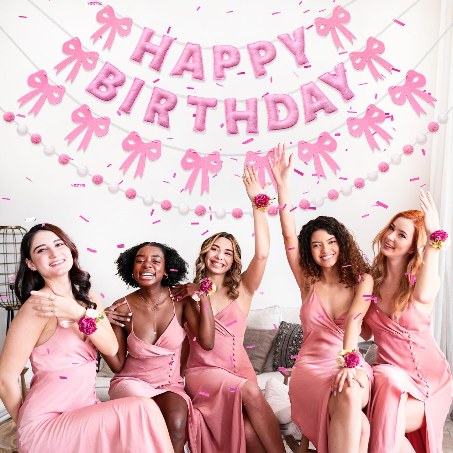 Pre-Strung Pink Bow Birthday Decorations, Reusable Coquette Party