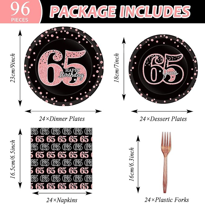 96 Pcs 65th Birthday Plates and Napkins Party Supplies Happy 65th