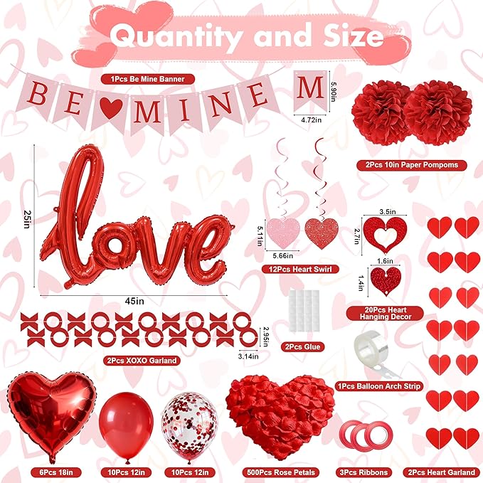 67Pcs Red Valentine's Day Decoration Set BE MINE Banner Foil Love