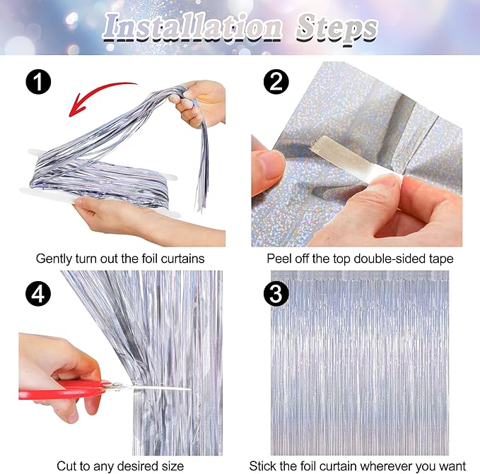 8 Pack 3.28 FT x 7.05 FT Tinsel Foil Fringe Backdrop, Glitter Silver