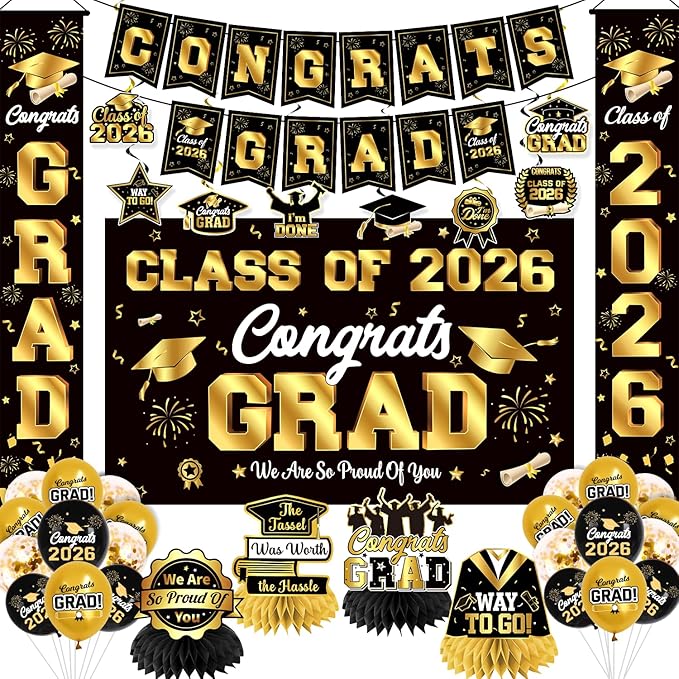 Graduation Decorations Class of 2026 Black and Gold Party Decor Set