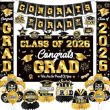 Graduation Decorations Class of 2026 Black and Gold Party Decor Set