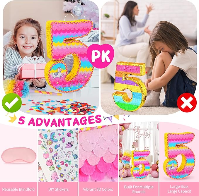Number 5 Pinata for Birthday Party Decorations Unicorn Mermaid Theme