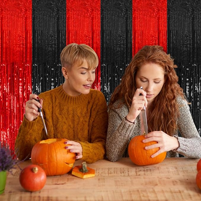 5 Pack Black and Red Backdrop Party Decorations Tinsel Curtain