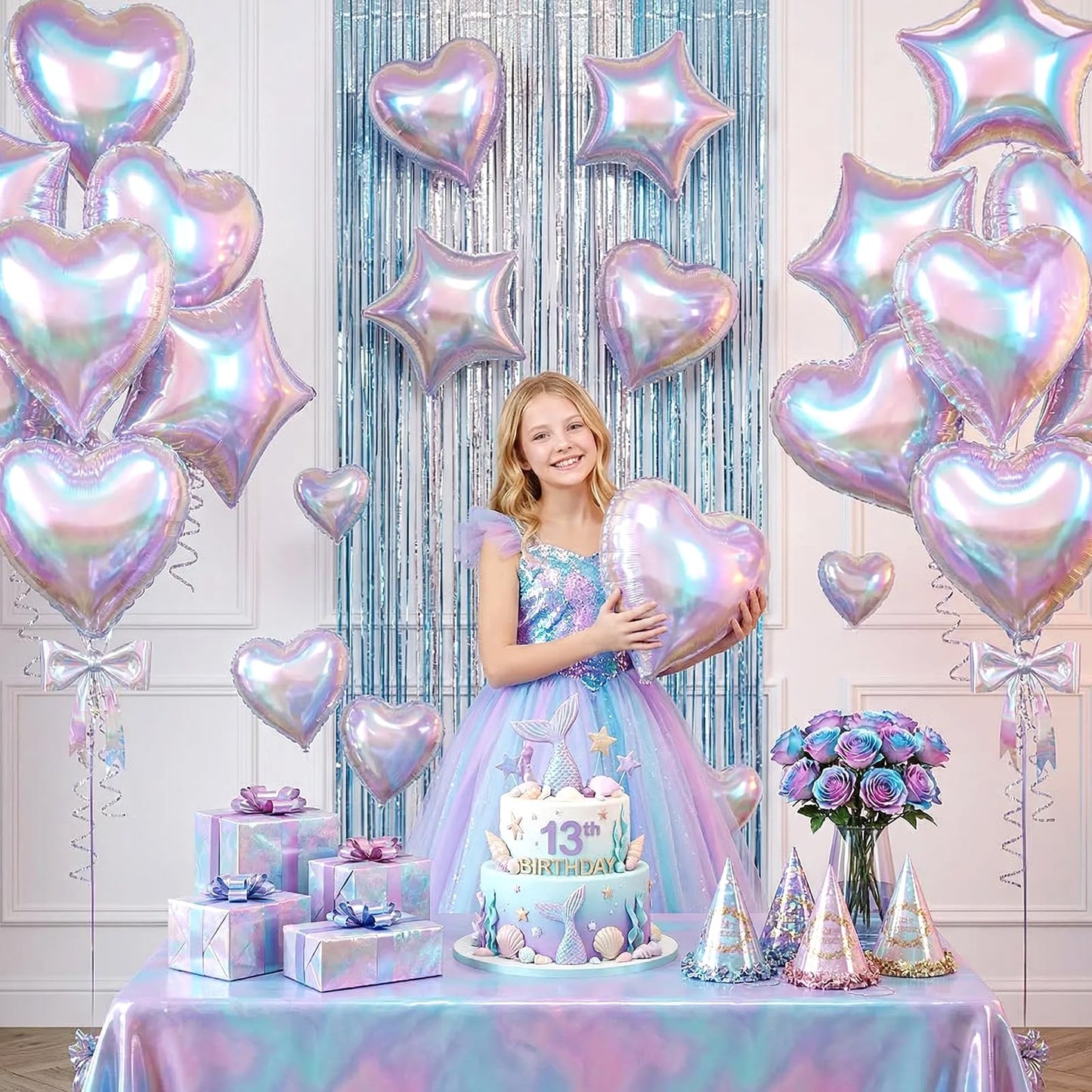 Iridescent Heart Balloons, 12PCS Holographic Clear Star Balloons, 18