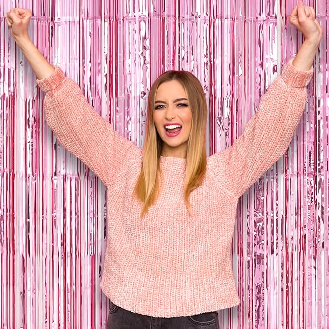 Voircoloria 3 Pack 3.3 x 8.2 ft Light Pink Foil Fringe Backdrop