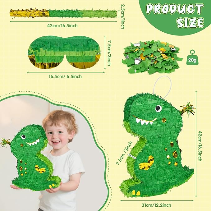 Small Dinosaur Pinata T Rex Green Gold with a Blindfold a Bat and