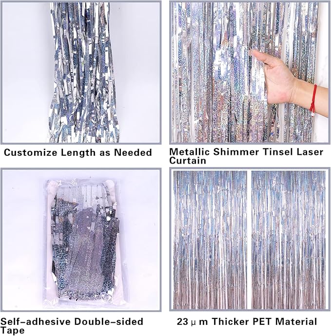 2 Pack 3.2ft x 8.2ft Silver Metallic Tinsel Foil Fringe Curtains,