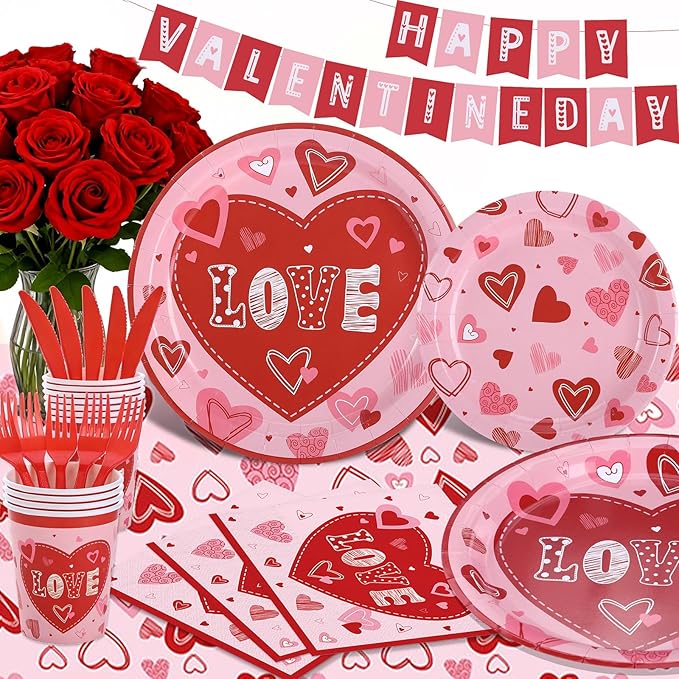 Valentine's Day Heart Love Disposable Tableware Set 194 Pcs Serves