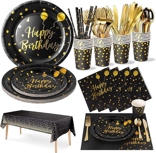 Birthday Party Tableware, 161 Pieces Black Gold Party Supplies, Party