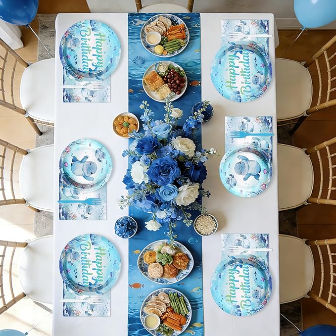 96Pcs Manatee Birthday Decorations Blue Under the Sea Plates and