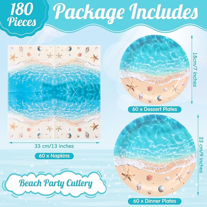 180 Pcs Beach Party Plates and Napkins 7'' and 9'' Ocean Waves Theme