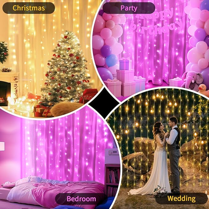 Color Changing Curtain Lights, Pink Room Decor 8 Modes LED String