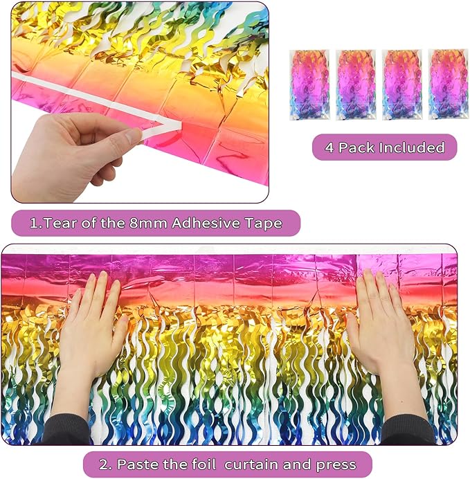 4 Pack Wavy Rainbow Foil Fringe Curtain | 3.3x6.6ft Colorful Tinsel