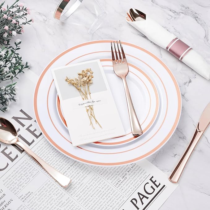 BESTVIP 175PCS Rose Gold Plastic Dinnerware Set, Disposable Party