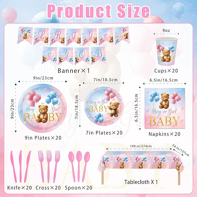 142 Pcs Bear Gender Reveal Decorations Bear Themed Plates Cups and