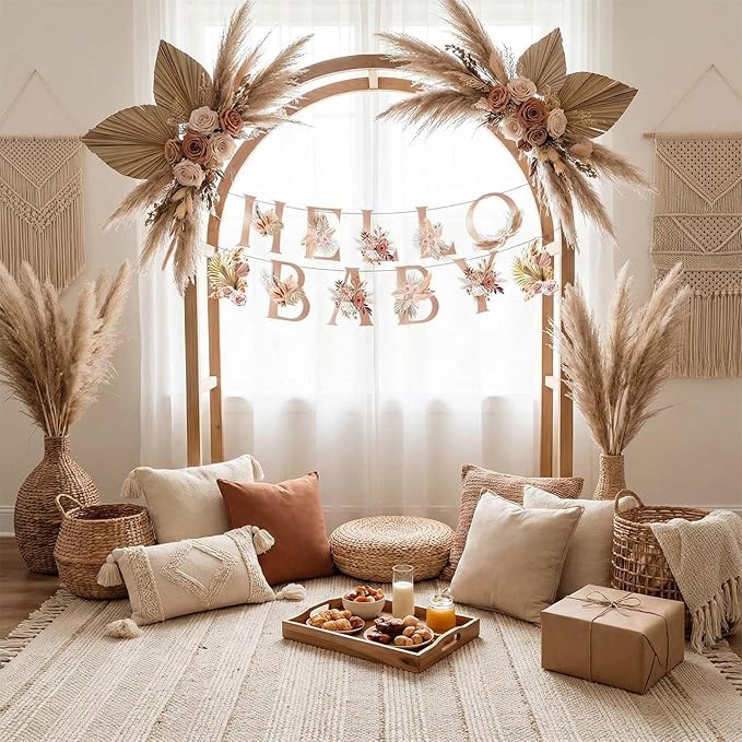 Neutral Boho "Hello Baby" Banner, Pampas Grass Bohemian Baby Shower &