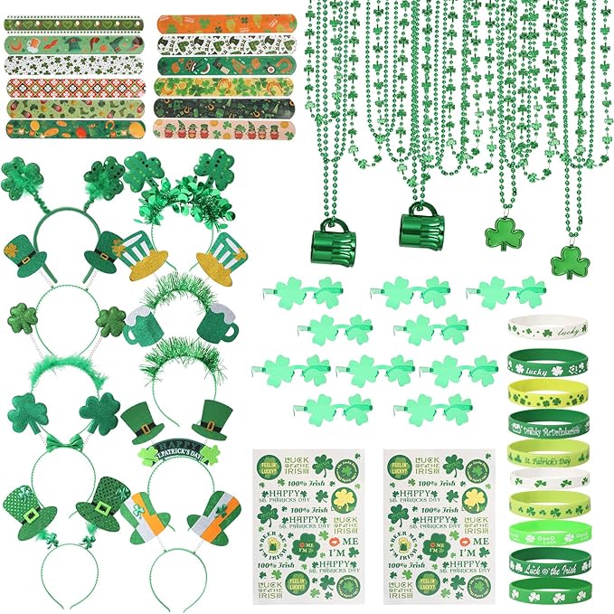 62pcs St Patricks Day Accessories Headbands Necklace Shamrock Beads