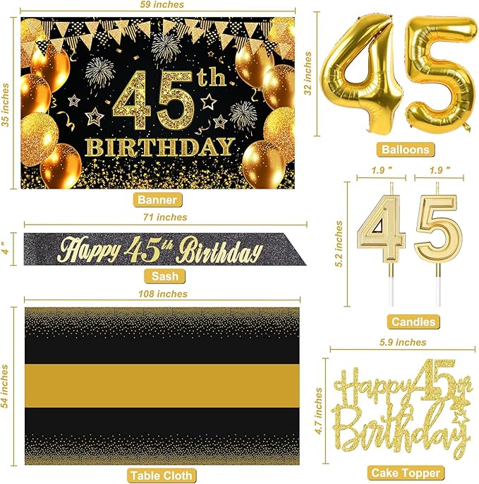45th Birthday Decorations Men Women with 45th Birthday Banner Black