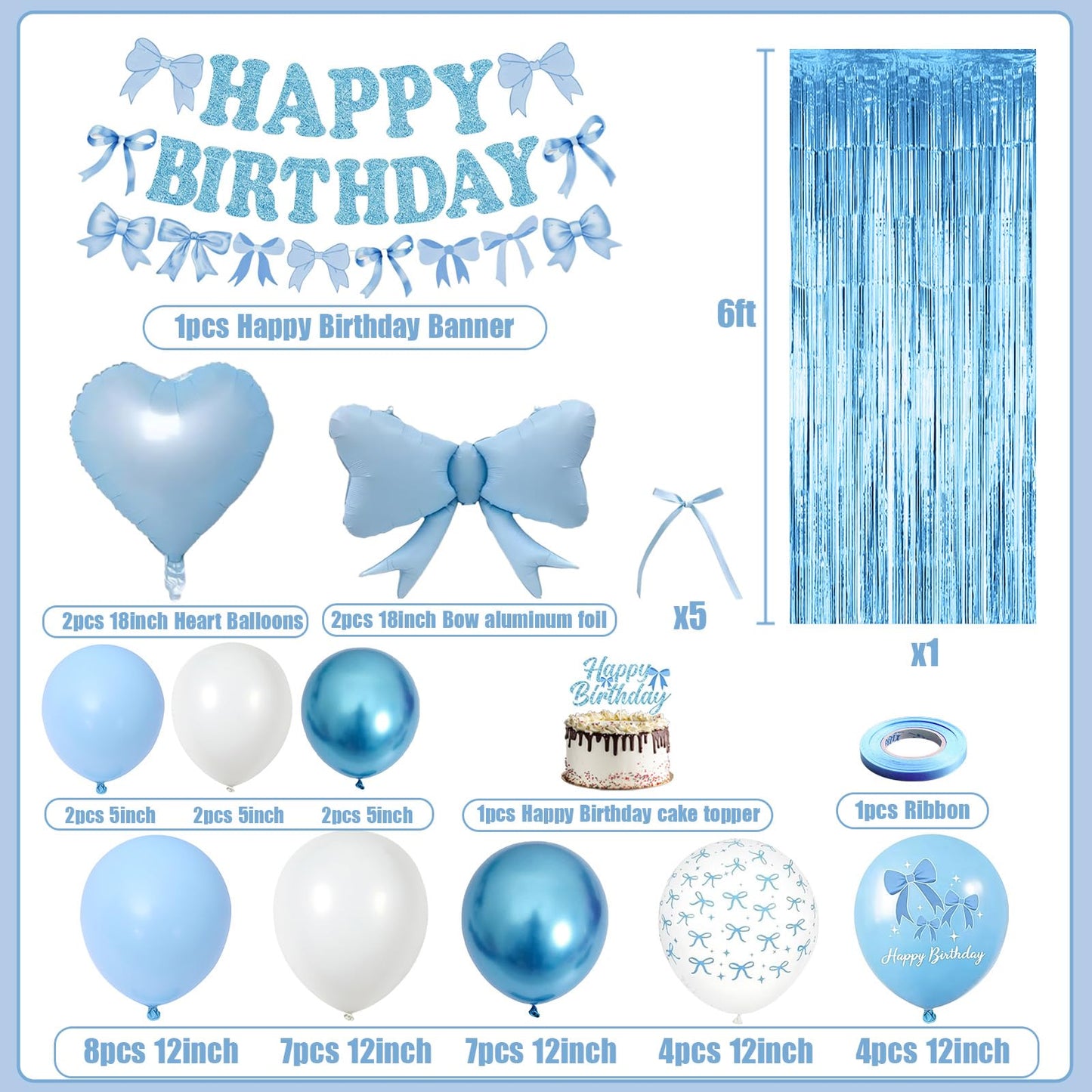 Blue Bow Birthday Party Decorations, Coquette Baby Blue White Bows